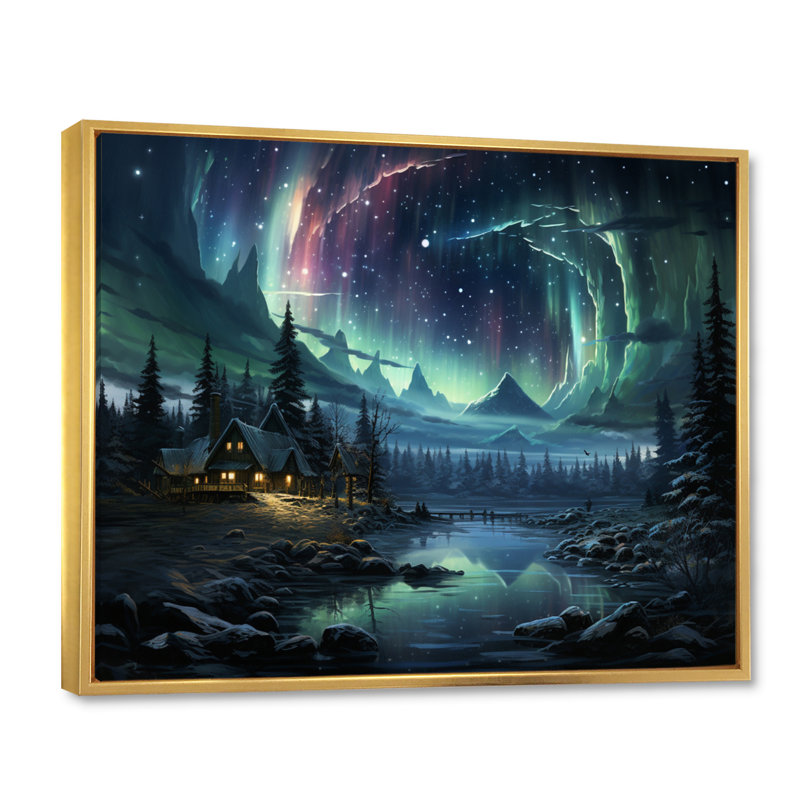 Northern Lights Starry Night III sur impression sur toile, Cadre flottant doré, H 30 po x l 40 po x P 1,5 po