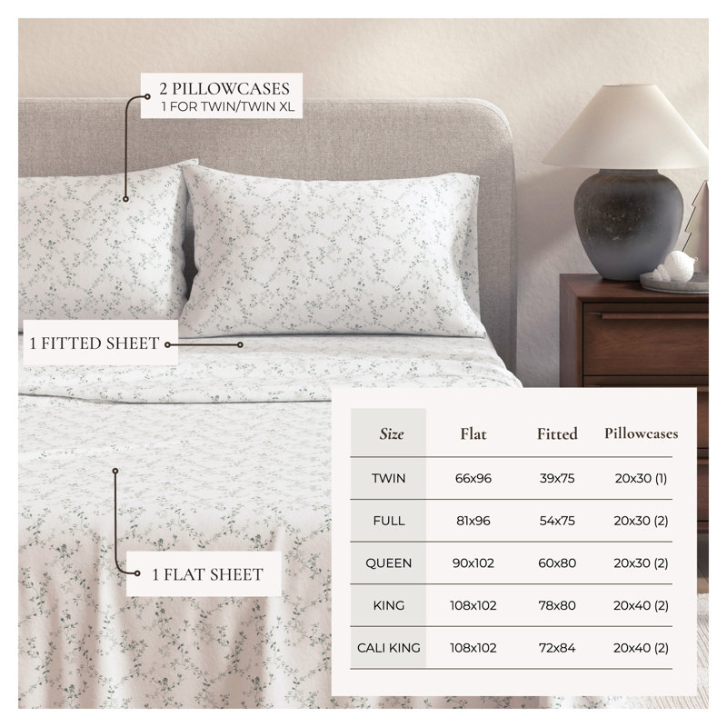 Ensemble de draps 100% flanelle de coton, Ensemble de draps pour grand lit avec 2 taies d'or, Winter Vines Floral