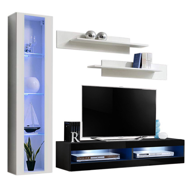 Logue 85" Modern Floating Wall Mounted Entertainment Center with 16-Color LED Lighting, High Gloss Finish, White/Black