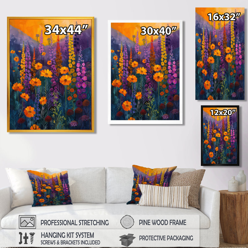 Yellow Purple Vibrant Symphony Wildflowers - Wildflowers Wall Art, 20" H x 12" W x 1" D, Black Single Picture Framed Canvas