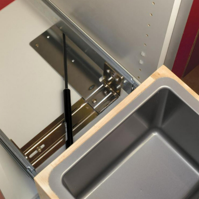 White Plastic Single 35 Qt Pull-Out Trash Bin with Maple Wood Frame