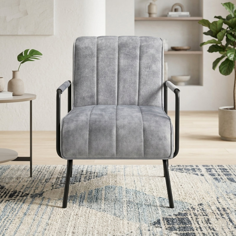 Monika 24.8" W Tufted Velvet Upholstered Armchair with Metal Armrests & Legs, Gray Velvet