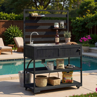 Grand chariot de cuisine pour îlot de cuisine avec évier, plateau de table en acier inoxydable, tablettes ouvertes, 2 tablettes mobiles et 1 ouvre-bouteille