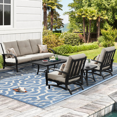 Aleston 5 Pieces Outdoor/indoor Aluminum Patio Motion Rocking Conversation Seating Group With Sunbrella Cushions For 5 Person -  Lark Manor™, 9F8B1C946C23479793D174F2E14E90E2