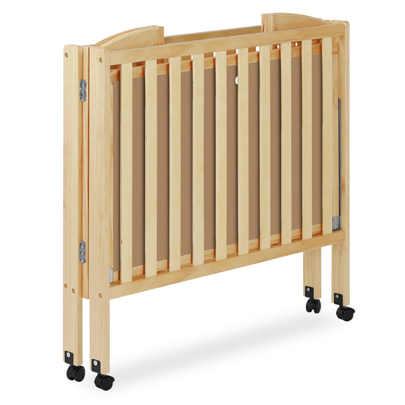 Natural Pine Convertible Folding Portable Crib with Locking Wheels