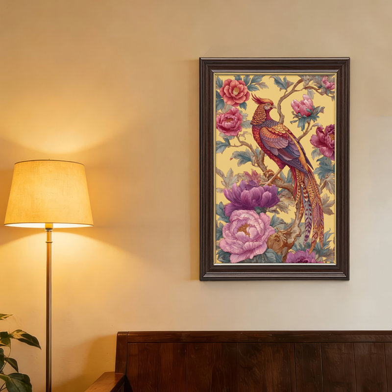 Art mural antique sur toile encadré doré pour le salon, la chambre à coucher, le bureau ou le vestibule - Décoration murale décorative avec oiseau floral
