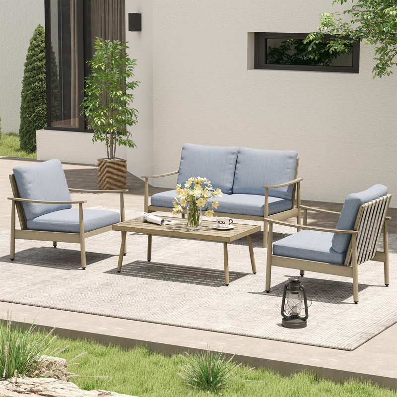 Ensemble de conversation d'extérieur pour 4 personnes avec coussins Mariène, Bleu, Brun