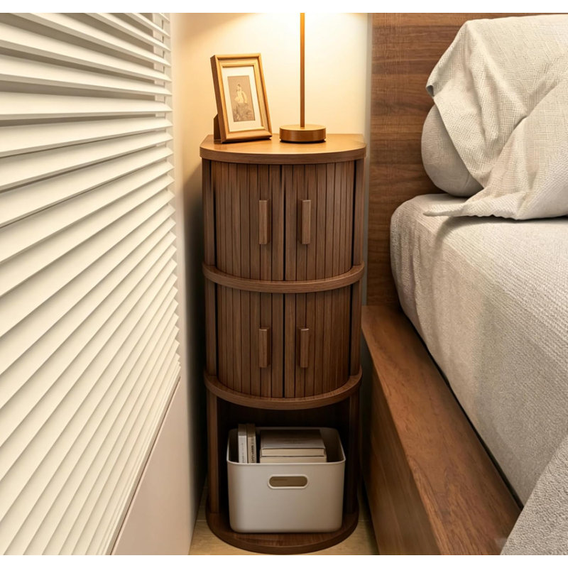 3-Tier Fluted Narrow Nightstand With 2 Arced Door & Open Shelf, Walnut
