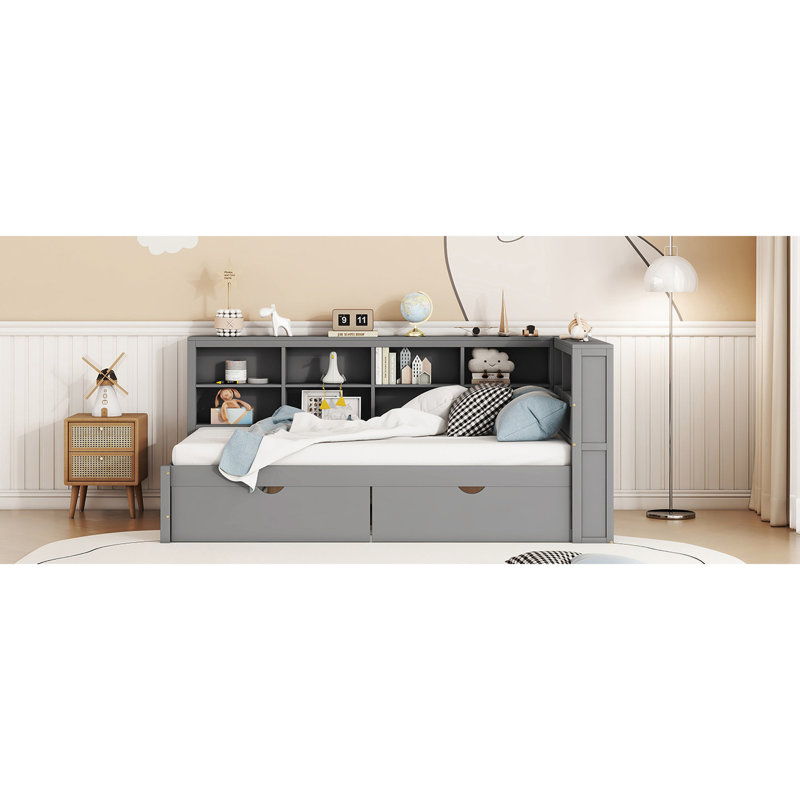 Lit de jour simple en bois gris avec tablette de rangement, 2 tiroirs et rangement, Lit simple, Gris