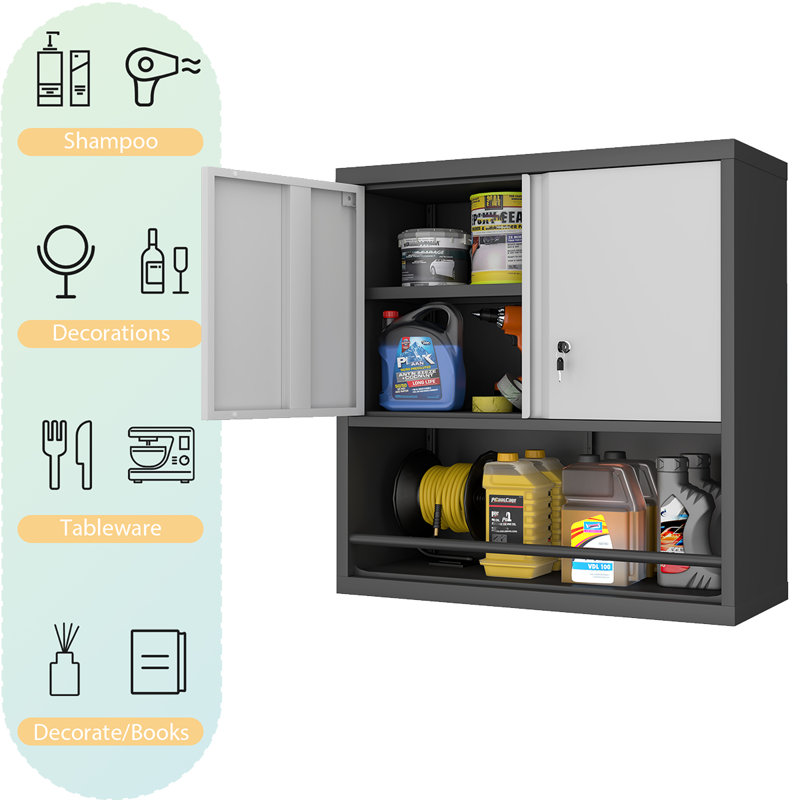 Armoire de cuisine en acier avec serrure et tablette ouverte - Armoire de rangement en métal réglable d'une capacité de 120 lb, organisateur mural