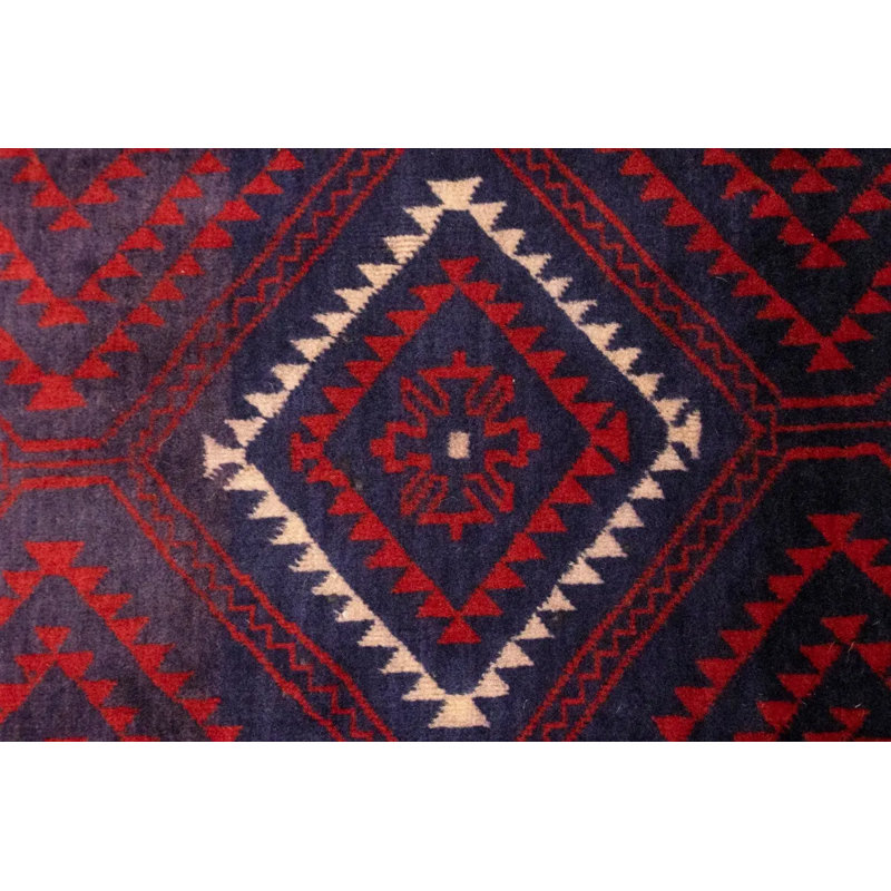 Tapis oriental semi-antique rouge et prune 3 pi 4 po x 6 pi noué à la main Tribal