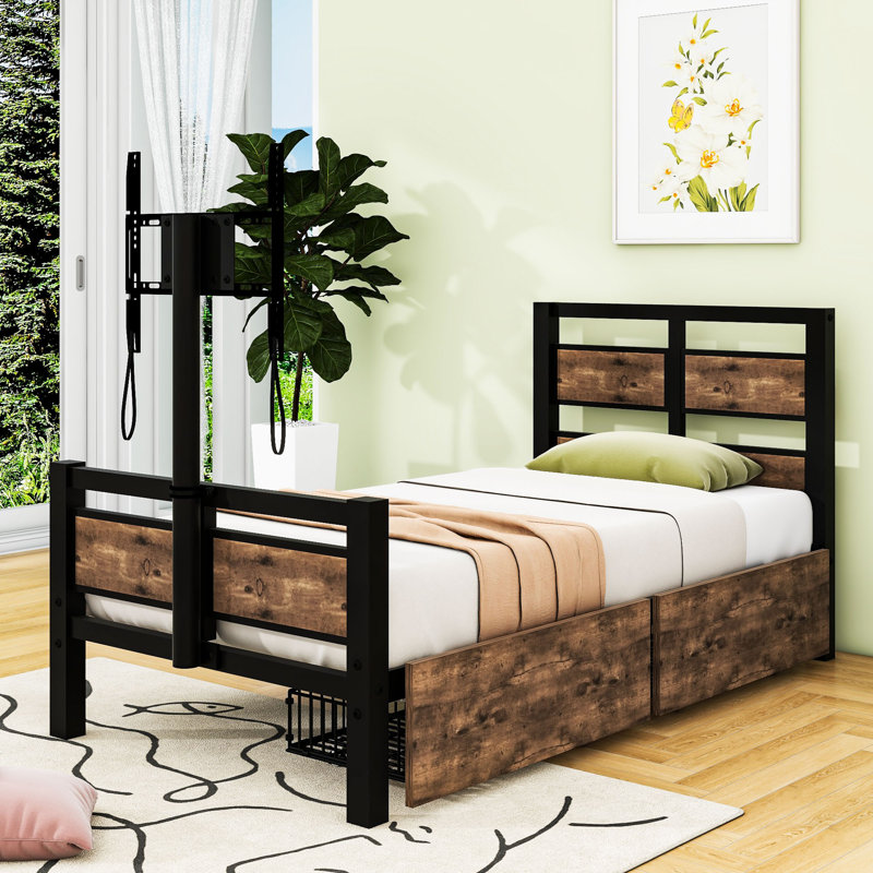 Twin Size Platform Bed with Rotatable TV Stand and Storage Drawers