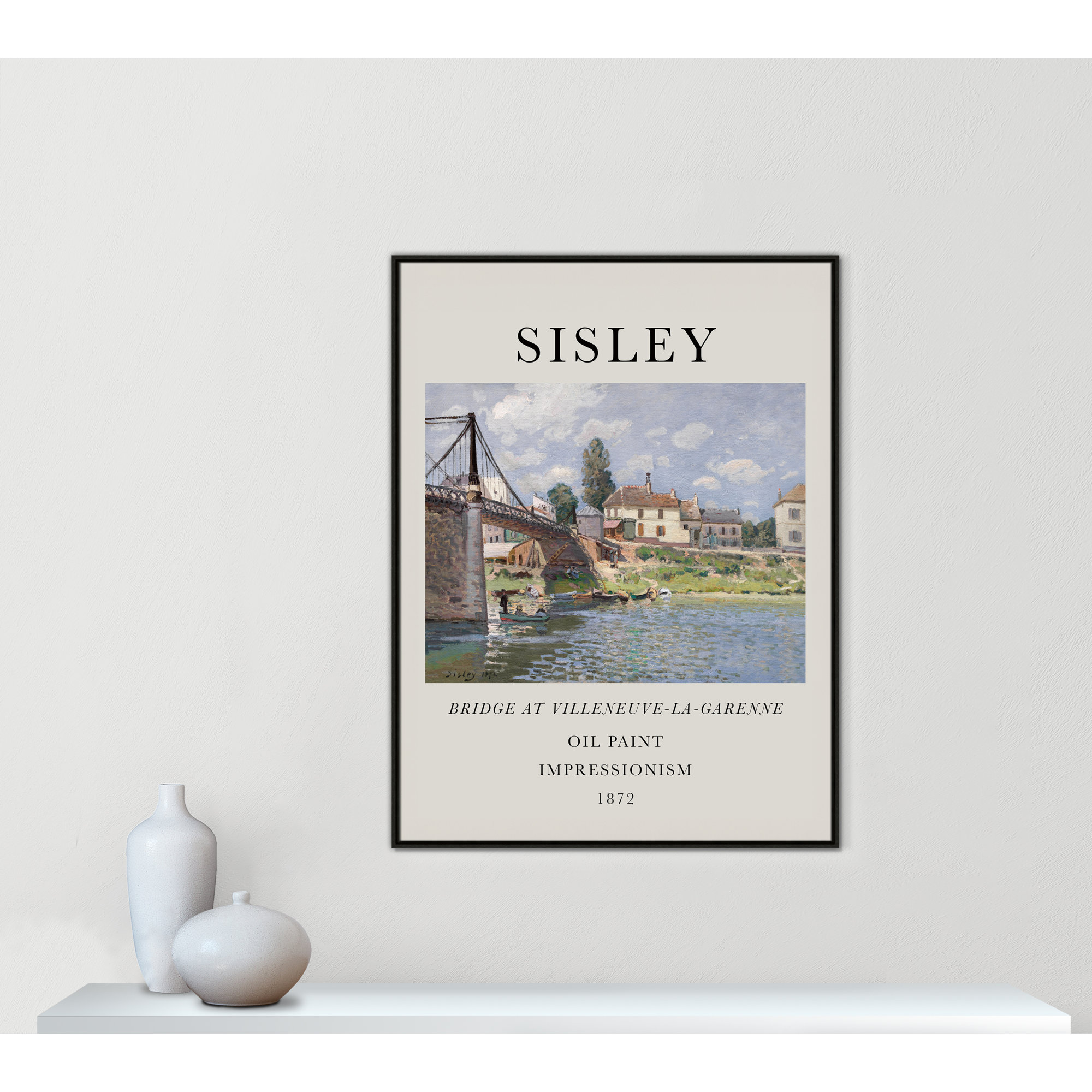 Old Masters Collection " The Bridge At Villeneuve " by Alfred Sisley, 49.5" H x 37.5" W x 2" D, No, Espresso Floater Frame