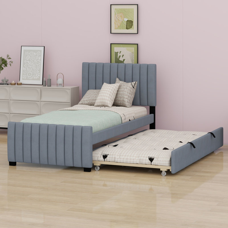 Upholstered Platform Bed With Trundle, Gray
