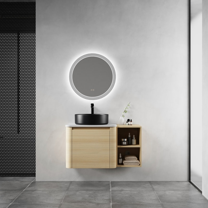 Meuble-lavabo mural 36 po avec lavabo d'art en céramique, tablettes de rangement et porte à fermeture en douceur pour salles de bain modernes