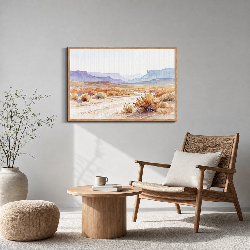 Paysage désertique à l'aquarelle avec mesas bleues, tableau sur toile, H 24 po x l 36 po