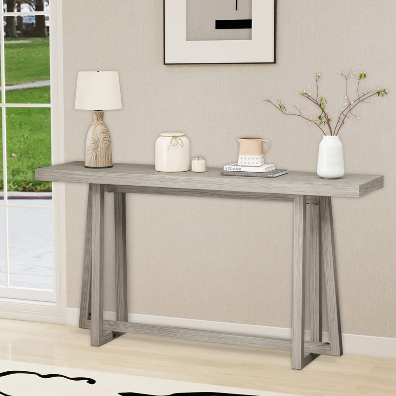 59.82" W Indoor / Outdoor Rectangular Console Table With Magnesium Oxide Countertop And Metal Legs, Gray Wood