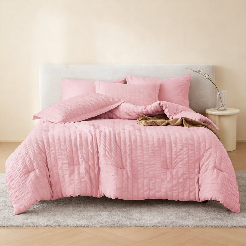 Ensemble de couette rose 5 pièces en seersucker pour lit simple XL