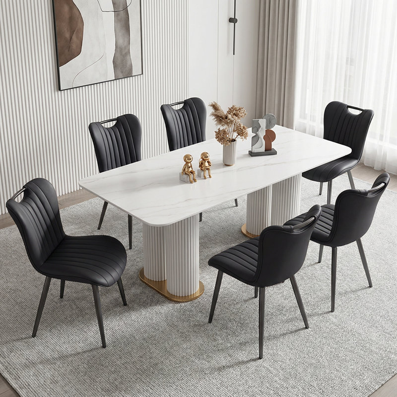 Modern Quilted Upholstered Dining Chairs Wingback Luxury Side Chairs With Metal Legs (Set of 6), Black