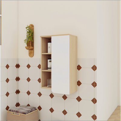 Armoire murale de salle de bain 16 po, chêne clair, porte simple avec tablettes ouvertes à 3 niveaux, armoire KD, panneaux de porte bicolores, fabrication en contreplaqué