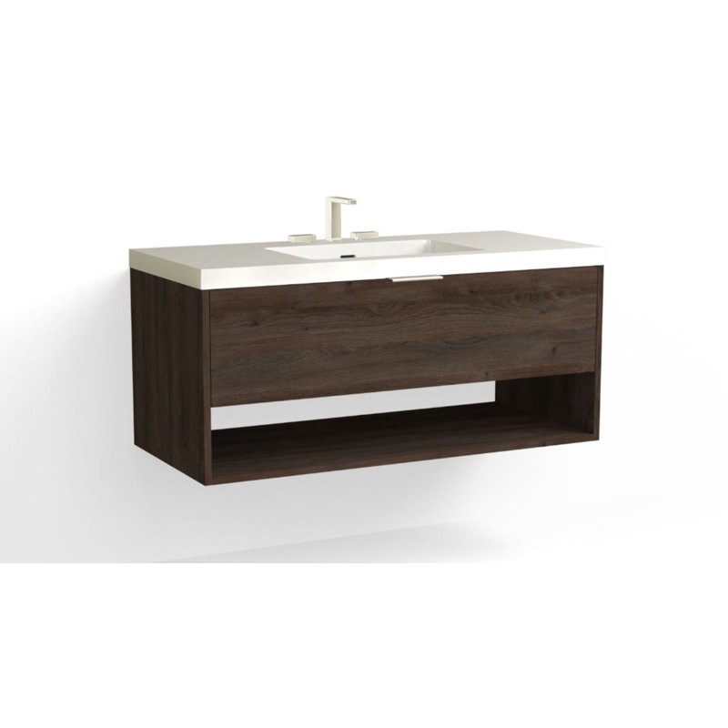 Modo 48" W Wall Mounted Single Bathroom Vanity, Glossy White/8" Widespread, Polished Nickel, Nocino