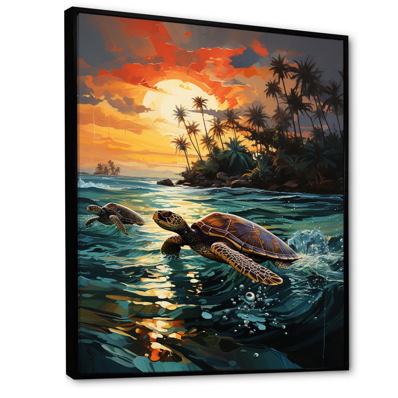 Dreamy Tropical Sunset Turtle Beach I - Tortue, art mural animal, H 44 po x l 34 po x P 1,5 po, Cadre flottant noir