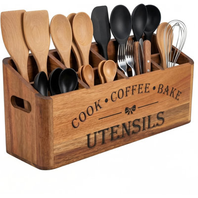 Wooden Kitchen Utensil Holder, Acacia Wood, 4-Compartment