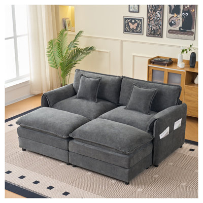 Canapé modulaire en chenille gris avec 2 repose-pieds - Couchette profonde pour salon et appartement