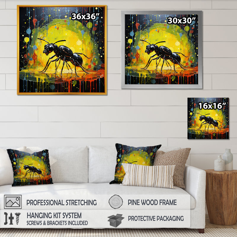 Neon Pioneers, fourmi noire sur toile, Cadre doré simple, H 30 po x l 30 po x P 1 po