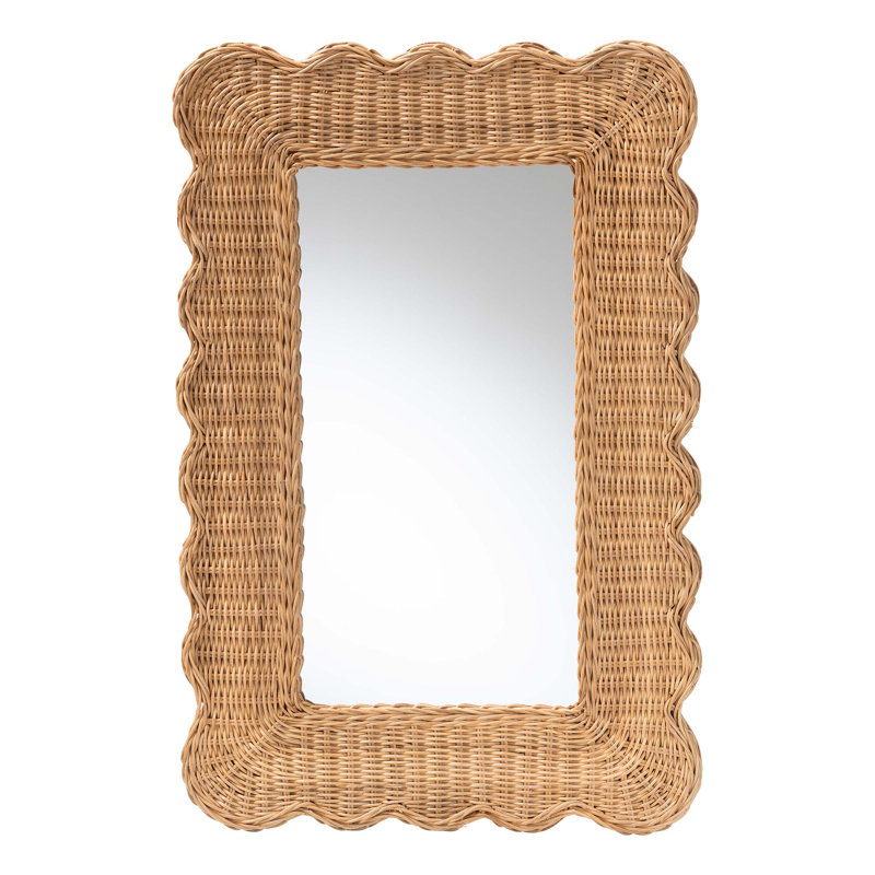 Bali & Pari Makoto Scalloped Natural Rattan Wall Mirror - Handwoven Wicker Rectangle Frame, Boho Coastal Accent Wall Decor For Entryway, Bedroom, Or Living Room