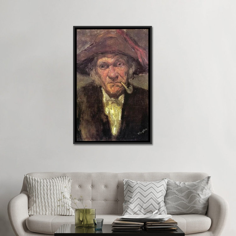 Tête d'un vieil homme fumant - reproduction d'art murale - toile encadrée, 48 po x 32 po, Toile avec cadre, Noir