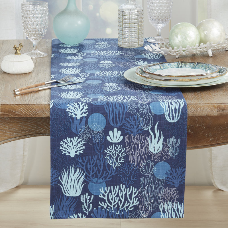 Navy Blue Nautical Sea Coral Cotton Table Runner 14" W X 72" L
