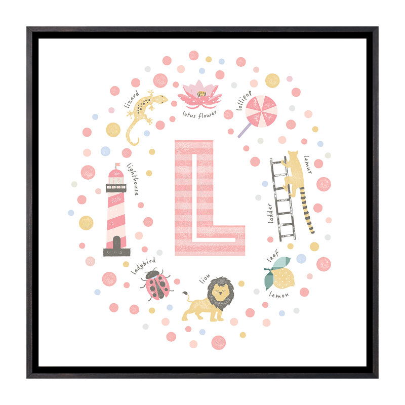 Lettre illustrée L rose - impression, Aucun mat, H 37 po x l 37 po x P 1,5 po, Toile avec cadre noir patiné