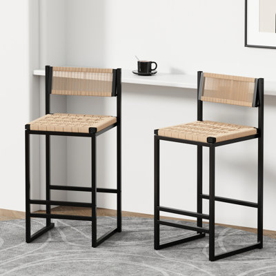 Chic Living Room - 2Pcs, Paper Rope Seat, Metal Frame Cafe Chairs Of 2, Weave, Slip Base