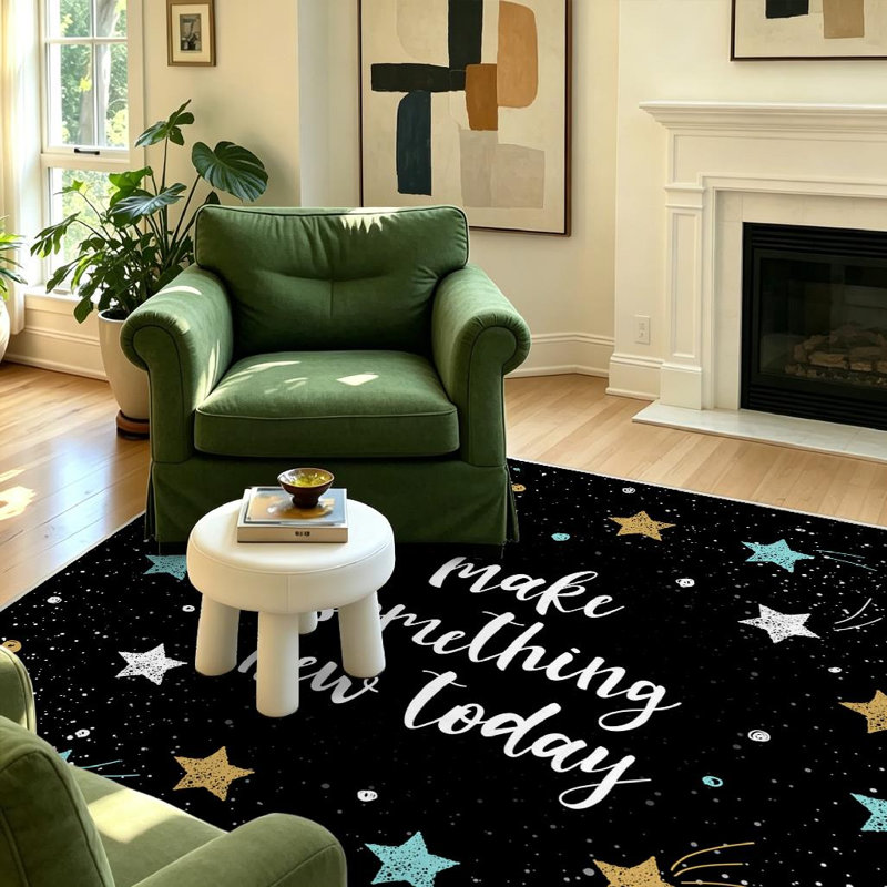 Tapis d'intérieur noir lavable à la machine avec lettrage Doodle, Rectangle 39 po x 63 po