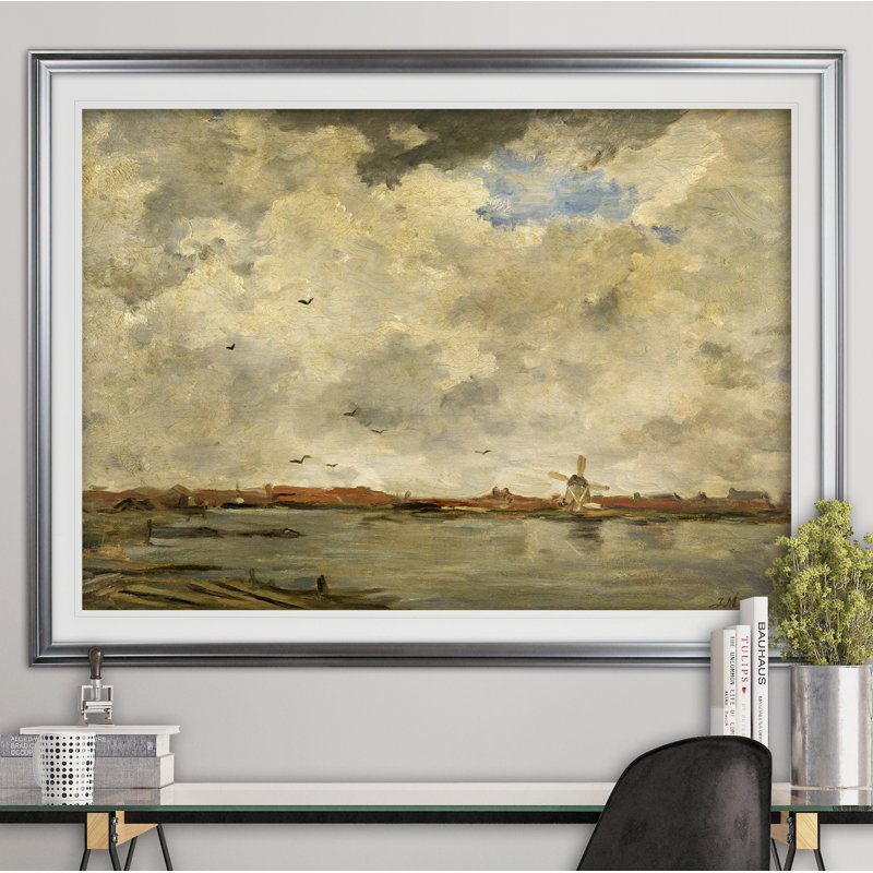 « moulin à vent et maisons », impression, Cadre argenté, H 31 po x l 43 po x P 1,5 po