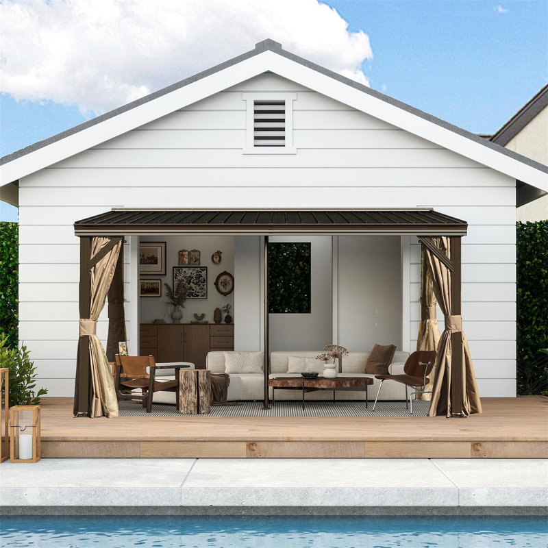10X14ft Lean To Hardtop Gazebo With Gutters, Outdoor Wall Mounted Gazebo With Metal Roof