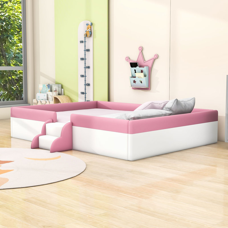 Upholstered Daybed with Staircase and Safety Fence Design, Queen, White/Pink