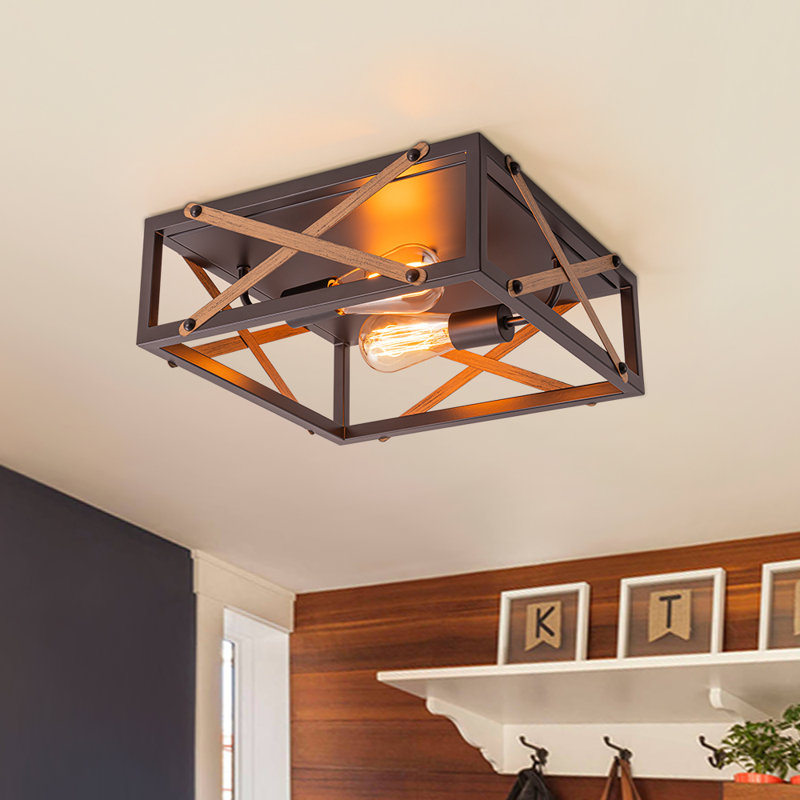 2 - Light Open Cage Square Wood Grain Flush Mount