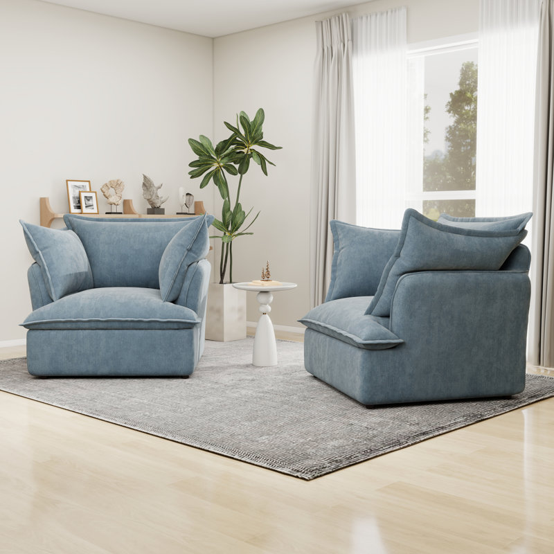 Fauteuil d'appoint et canapé-lit simple en chenille de 38 po de largeur, siège confortable pour le salon et la chambre à coucher, bleu (ensemble de 2)