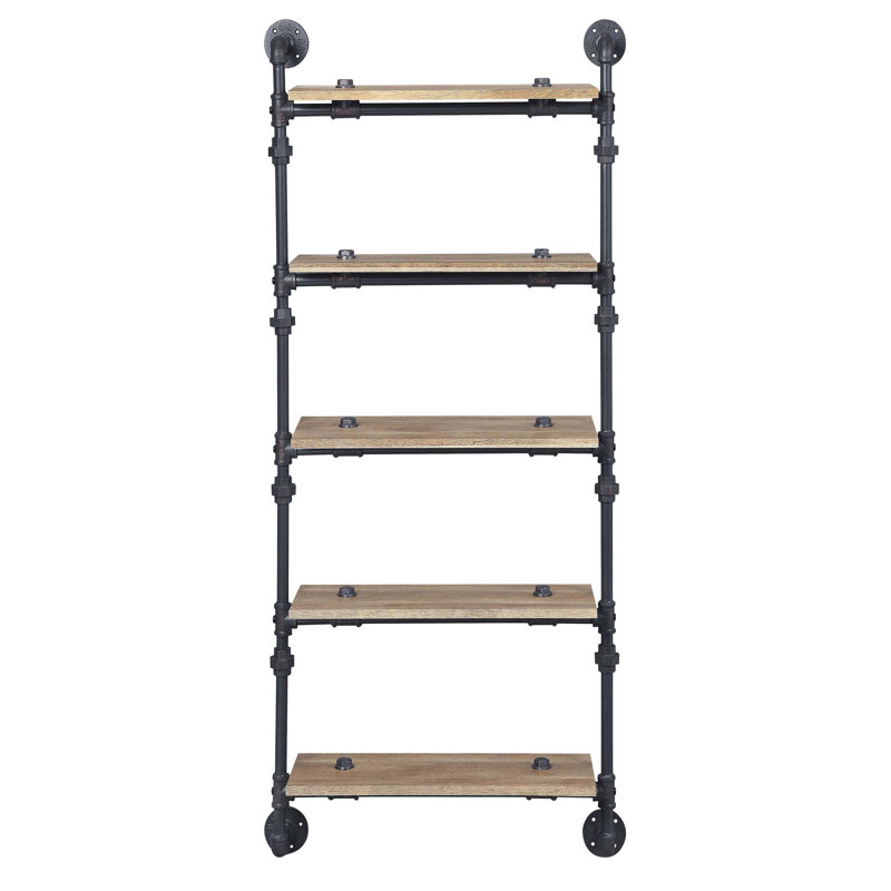 Oak and Sandy Black Rectangle Wall Shelf, (5 Shelves) 59.5"H x 28.5"W x 9.5"D