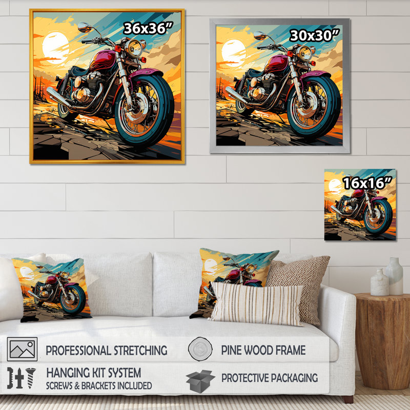«Moto Dreams On The Road I», reproduction sur toile, Cadre doré simple, H 16 po x l 16 po x P 1 po