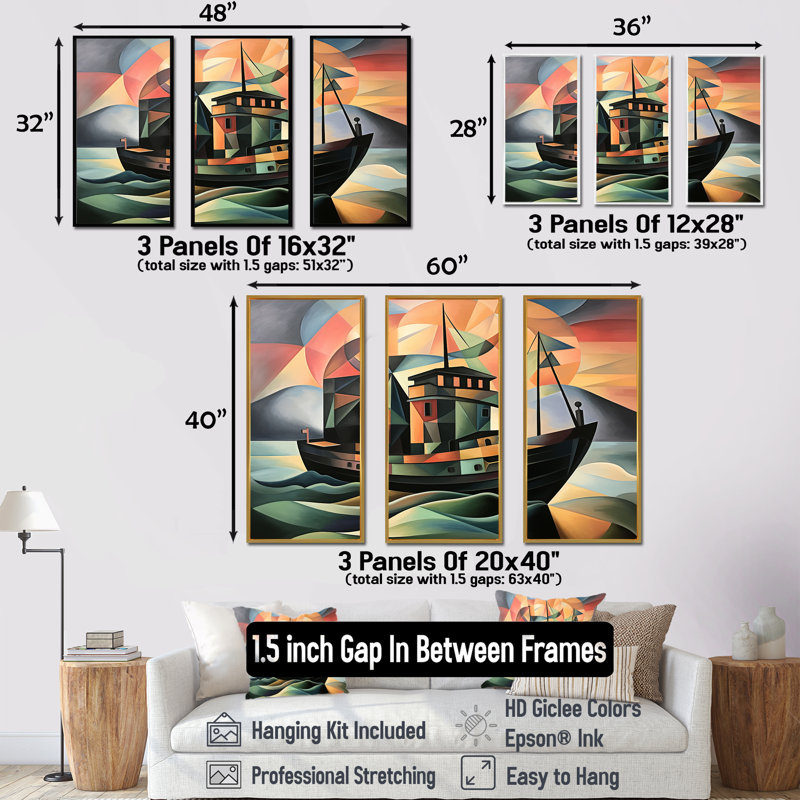«Cubist», bateau de bord de mer, art mural, Cadre flottant brun, H 28 po x l 36 po