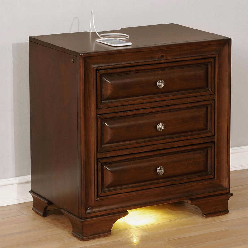 Table de chevet 3 tiroirs avec USB et prise de courant