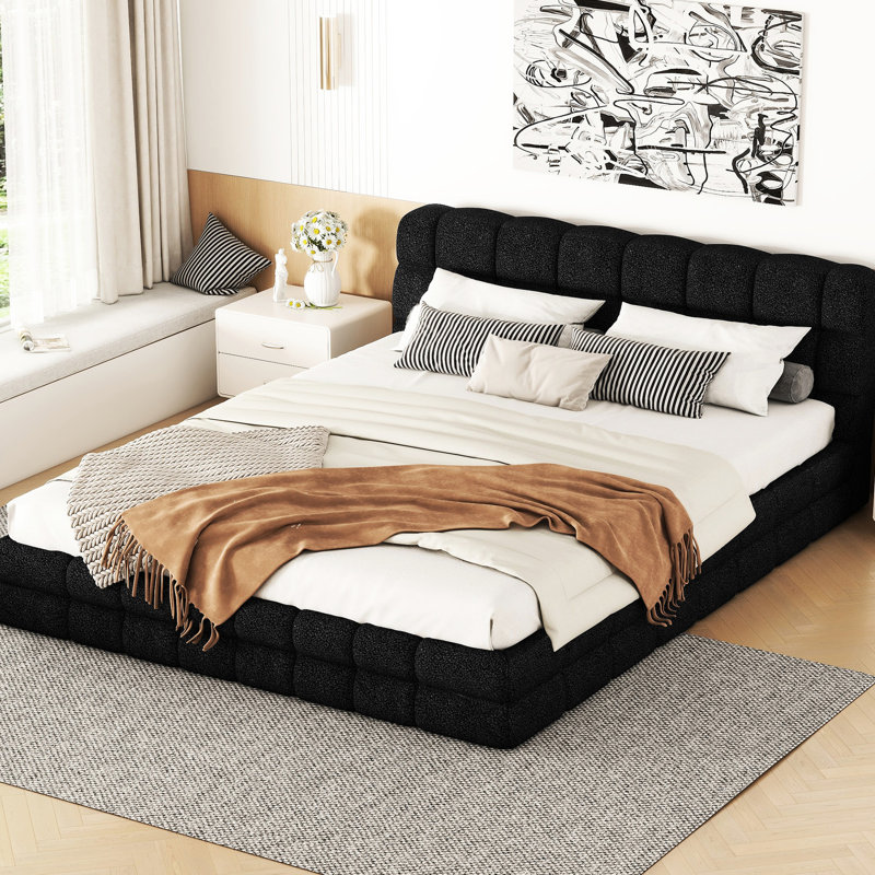 Grand lit plateforme tapissier noir - Fabrication de soutien durable pour une utilisation quotidienne, Noir