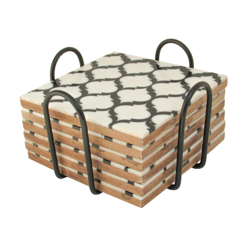 Ensemble de sous-verres géométriques en bois avec support, Noir / blanc, Géométrique