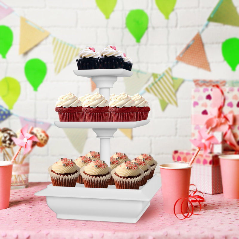 3-Tier Cupcake Stand - Square Display Stand for Birthday, Tea Party, Wedding, or Baby Showers - Dessert Table Display Set (White)