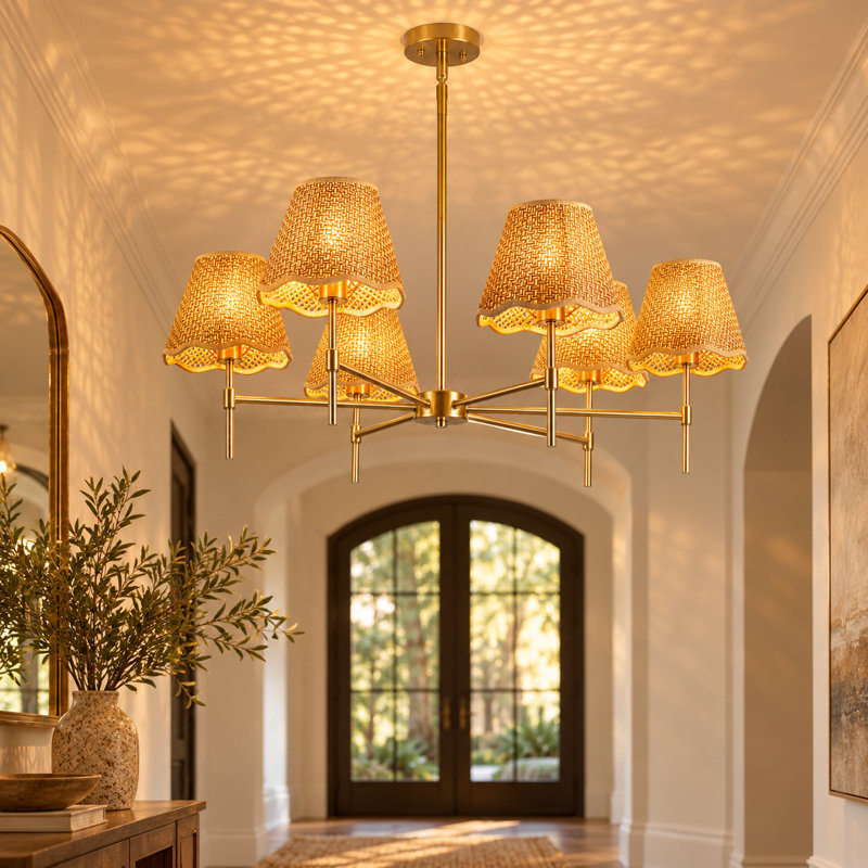 Lustre bohème en rotin doré à 6 lumières, suspension imposante de 95 cm (37,4 po) avec hauteur réglable, 6 lumières