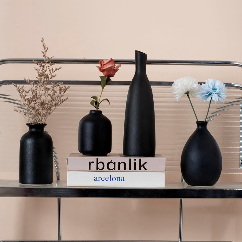 Ensemble de 4 vases en céramique noire, décoration intérieure pour table, tablette, bureau - Design moderne classique