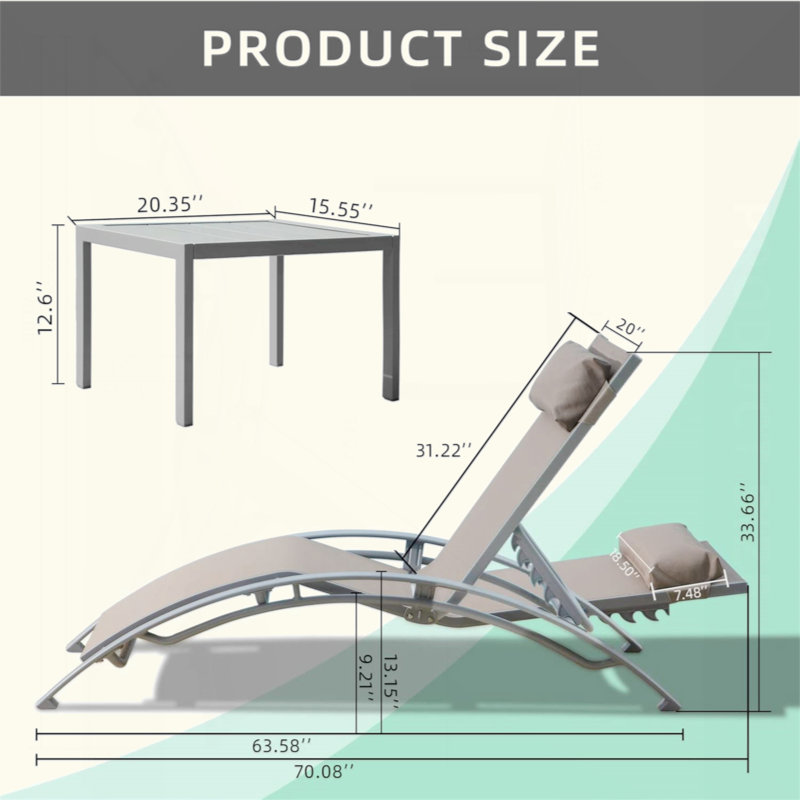 Pool Lounge Chairs Set Of 3, Adjustable Aluminum Outdoor Chaise Lounge Chairs With Metal Side Table, All Weather For Deck Lawn Poolside Backyard (2 Lounge Chair+1 Table)